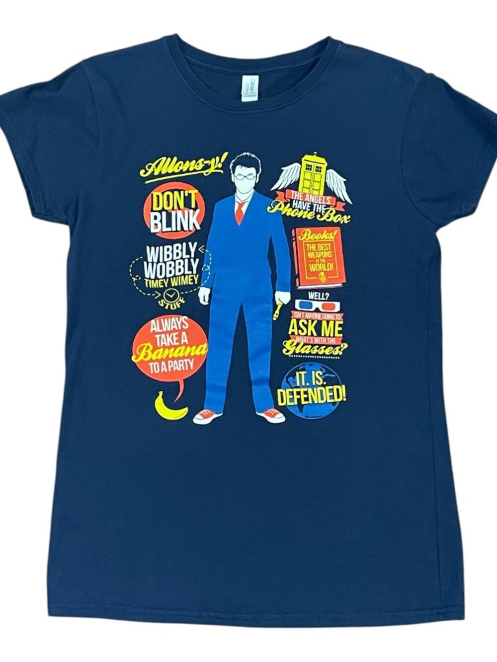 Dr. Who Iconic Quotes Graphic T-Shirt Navy Ring Spun Cotton Sz Large